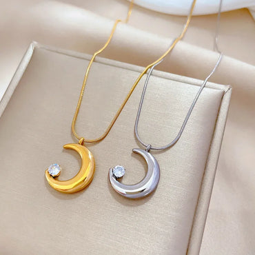 Elegant Moon Titanium Steel Plating Inlay Zircon Pendant Necklace