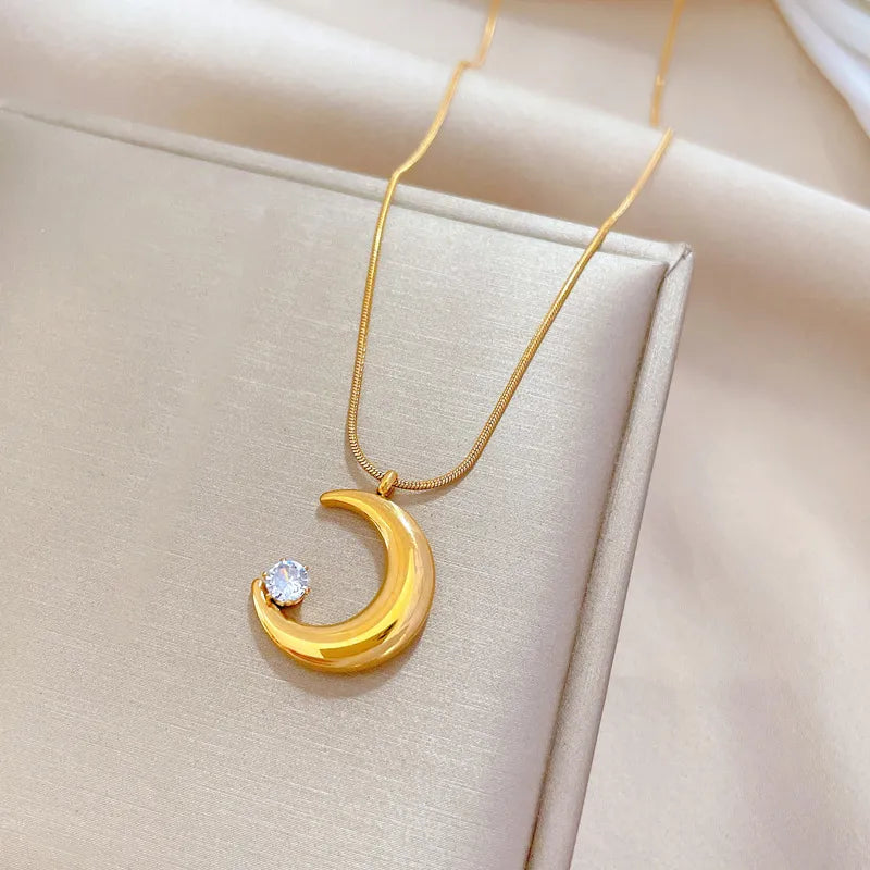 Elegant Moon Titanium Steel Plating Inlay Zircon Pendant Necklace