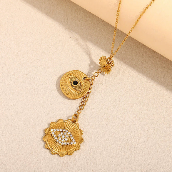Elegant Niche High Grade Women's Stainless Steel Necklace Pendant With Geometric Tassel Eye Design And 18K Gold Electroplated Finish