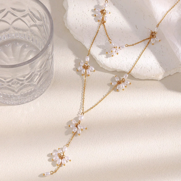 Elegant Niche Light Luxury Stainless Steel Necklace With Imitation Pearl Flower Tassel And 18K Gold Plated Electroplating