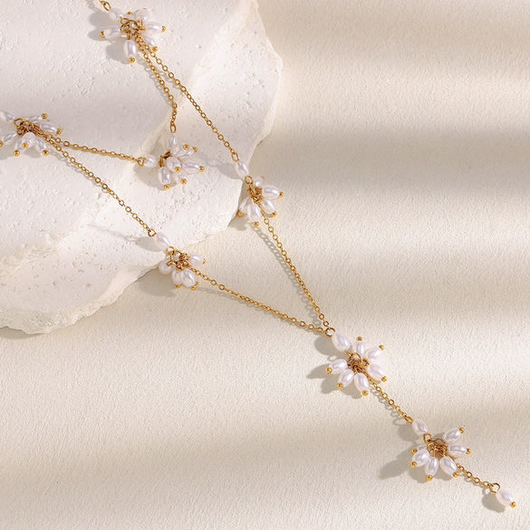 Elegant Niche Light Luxury Stainless Steel Necklace With Imitation Pearl Flower Tassel And 18K Gold Plated Electroplating