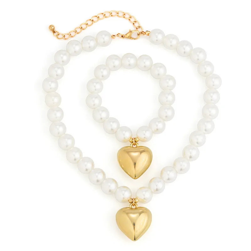 Elegant Nordic Style Baroque Style Heart Shape Imitation Pearl Alloy Wholesale Bracelets Necklace Jewelry Set