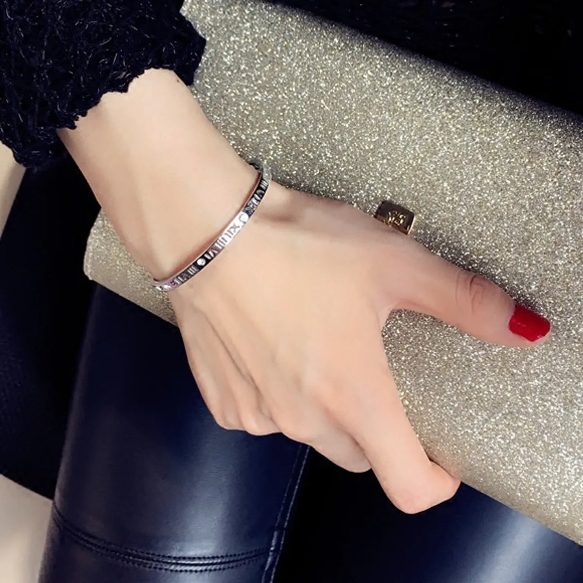 Elegant Number Titanium Steel Plating Artificial Diamond Bangle