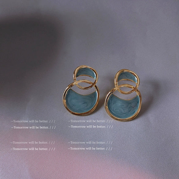 Elegant Ocean Blue Irregular Geometric Dripping Oil Metal Dangle Earrings For Women Trendy Niche Ear Jewelry