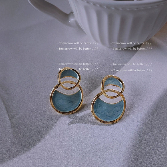 Elegant Ocean Blue Irregular Geometric Dripping Oil Metal Dangle Earrings For Women Trendy Niche Ear Jewelry