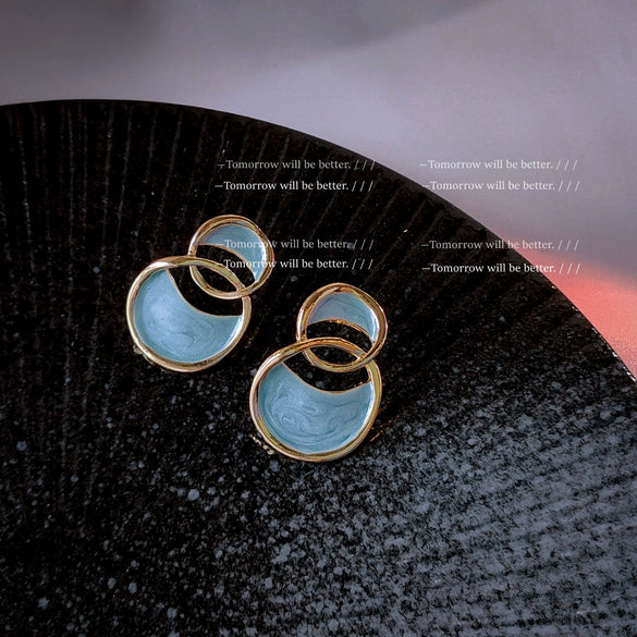 Elegant Ocean Blue Irregular Geometric Dripping Oil Metal Dangle Earrings For Women Trendy Niche Ear Jewelry
