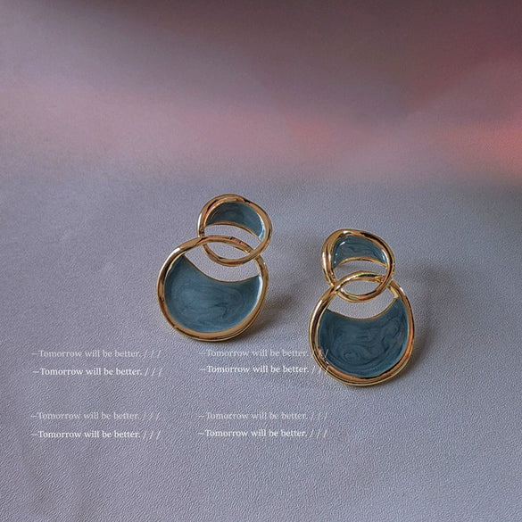 Elegant Ocean Blue Irregular Geometric Dripping Oil Metal Dangle Earrings For Women Trendy Niche Ear Jewelry