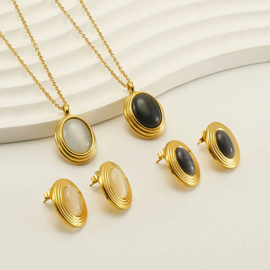 Wholesale Elegant Oval Stainless Steel Plating Inlay 18k Gold Plated Natural Stone Earrings Necklace