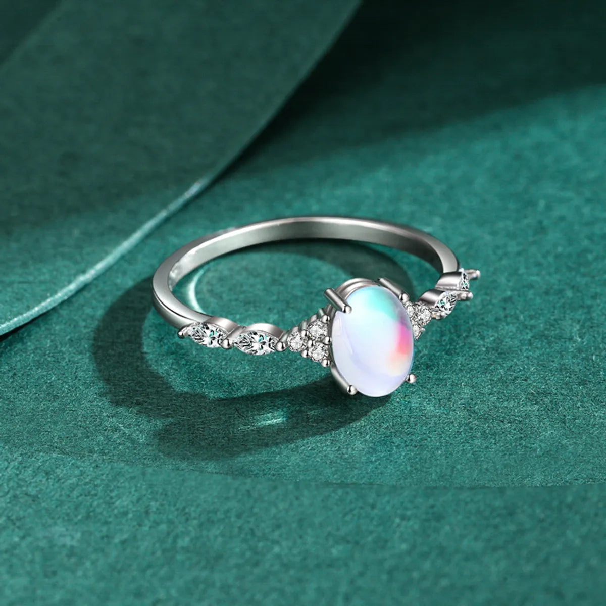 Elegant Oval Sterling Silver Plating Inlay Artificial Moonstone Rhodium Plated Rings