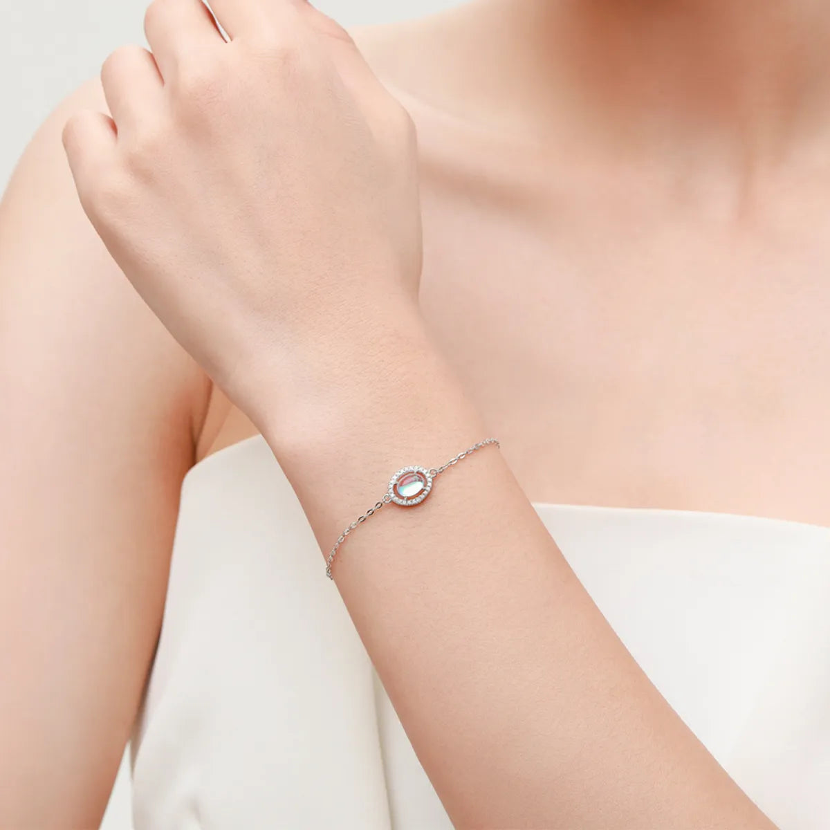 Elegant Oval Sterling Silver Plating Inlay Moonstone Zircon Rhodium Plated Bracelets