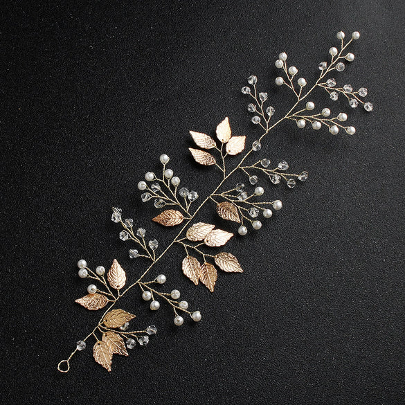 Elegant Pearl And Crystal Leaf Headband Handmade Alloy Bridal Hair Accessory Retro Wedding Headwear For Women