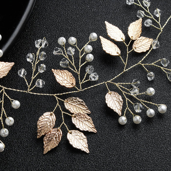 Elegant Pearl And Crystal Leaf Headband Handmade Alloy Bridal Hair Accessory Retro Wedding Headwear For Women