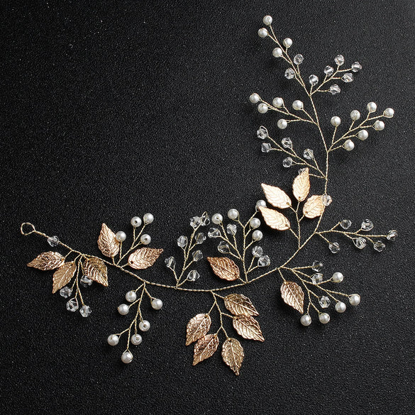 Elegant Pearl And Crystal Leaf Headband Handmade Alloy Bridal Hair Accessory Retro Wedding Headwear For Women