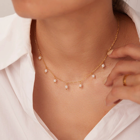 Elegant Pearl Xiaomi Beads Tassel Necklace For Women Stainless Steel With Geometric Design And Electroplating
