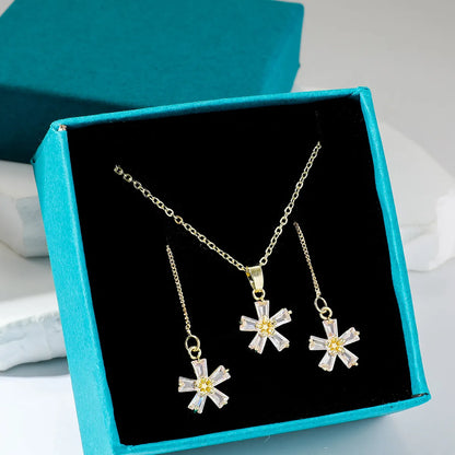 Elegant Petal Copper Plating Inlay Zircon Gold Plated Earrings Necklace