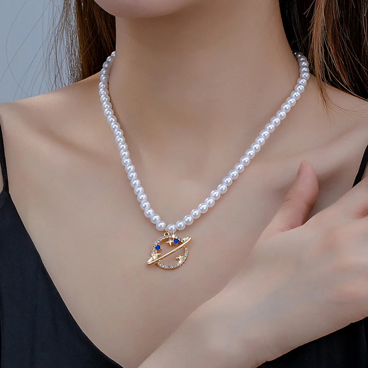 Elegant Planet Imitation Pearl Alloy Beaded Plating Inlay Glass 14k Gold Plated Women's Pendant Necklace