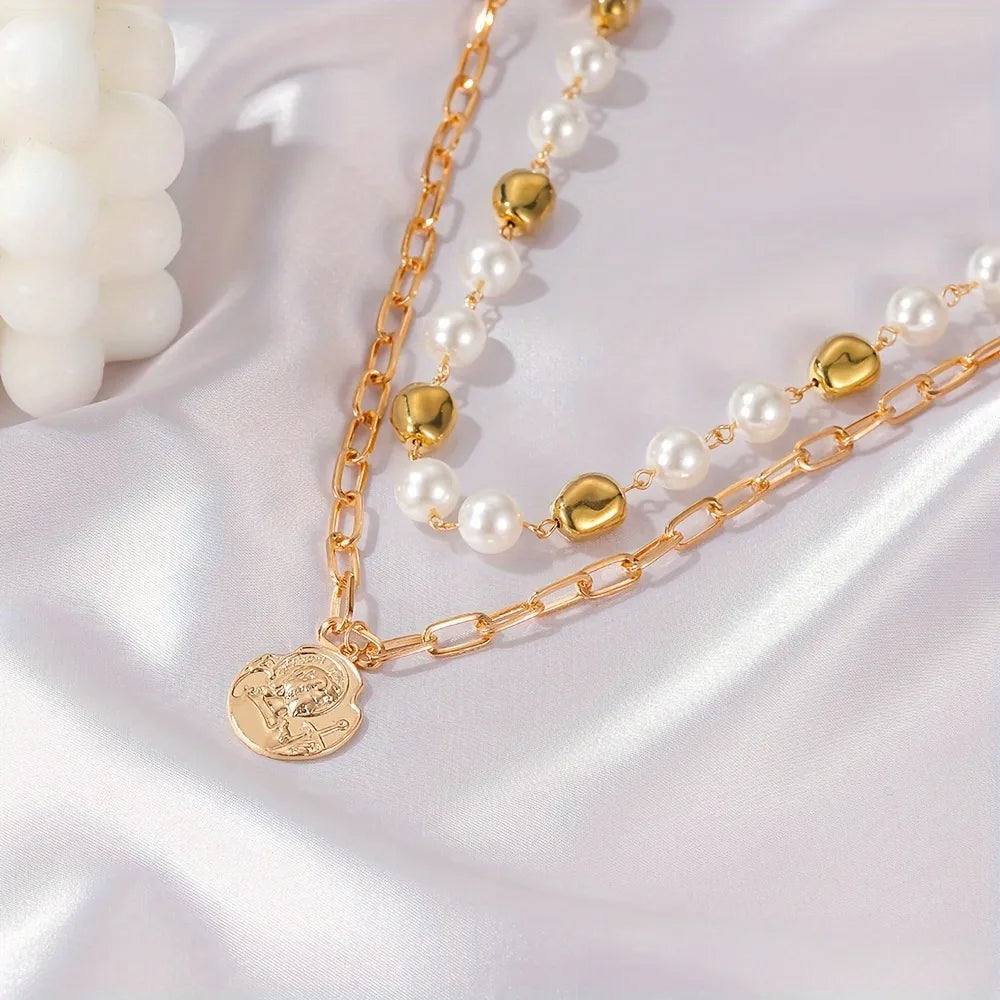 Elegant Portrait Imitation Pearl Alloy Wholesale Double Layer Necklaces