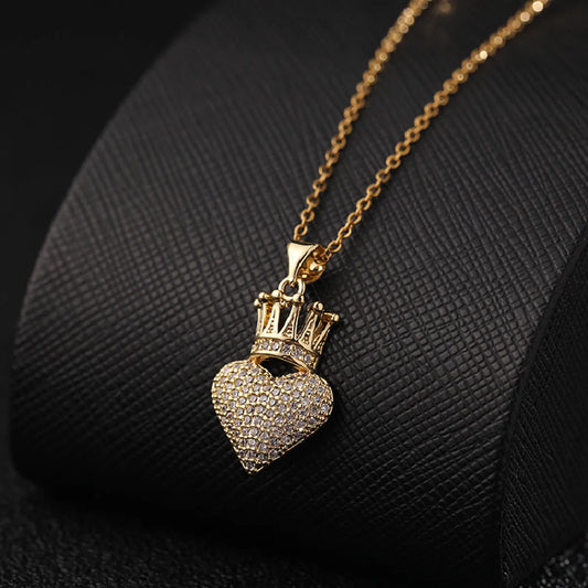 Elegant Queen Heart Shape Crown 201 Stainless Steel Steel Plating Inlay Zircon Women'S Pendant Necklace