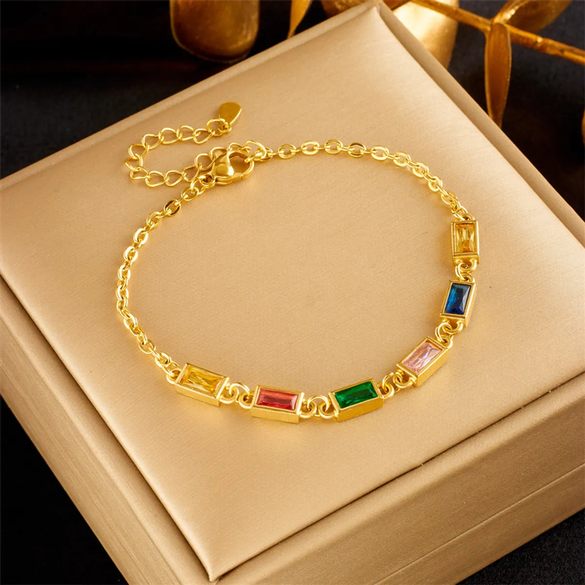 Elegant Rectangle Stainless Steel Titanium Steel Plating Inlay Zircon 18k Gold Plated Bracelets