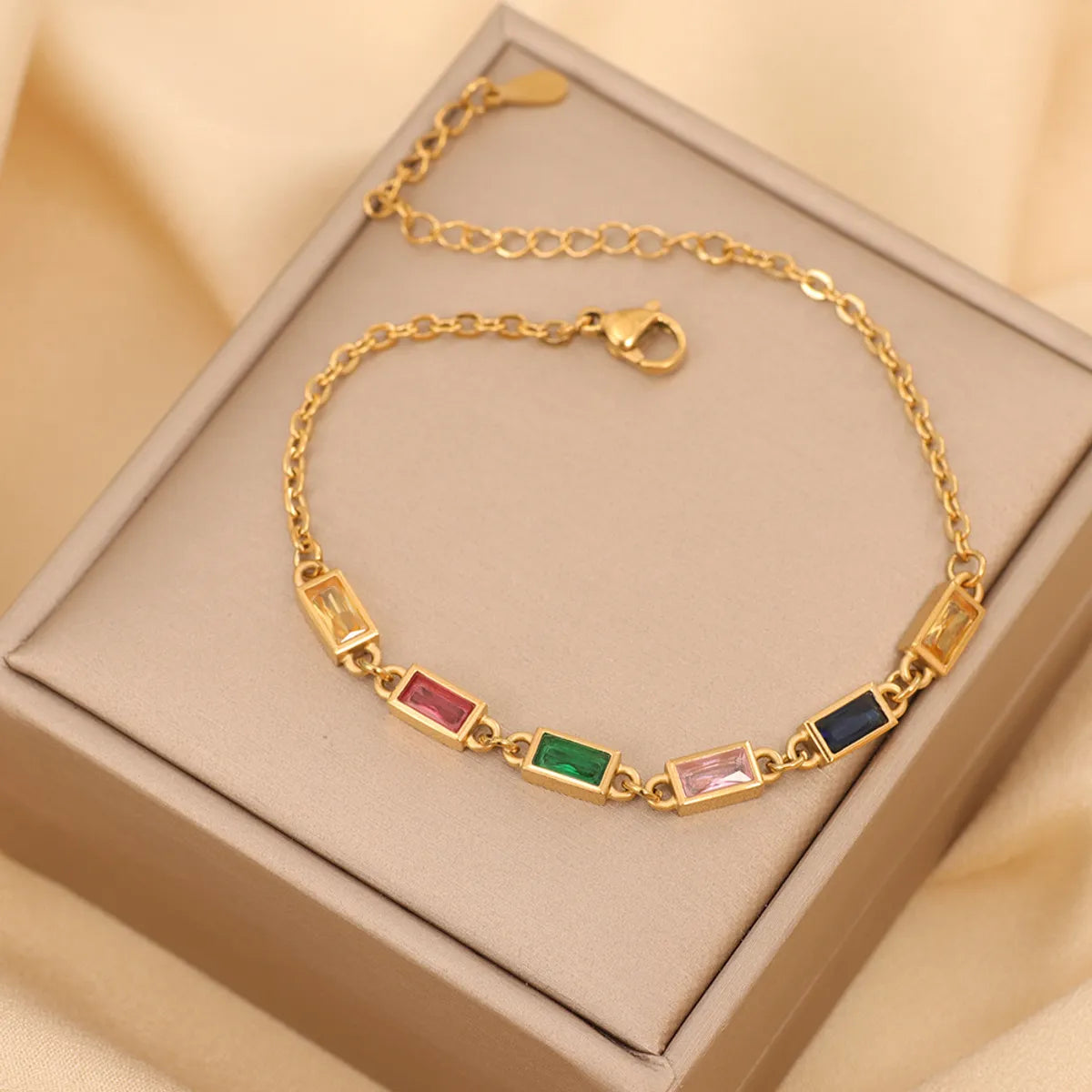 Elegant Rectangle Stainless Steel Titanium Steel Plating Inlay Zircon 18k Gold Plated Bracelets