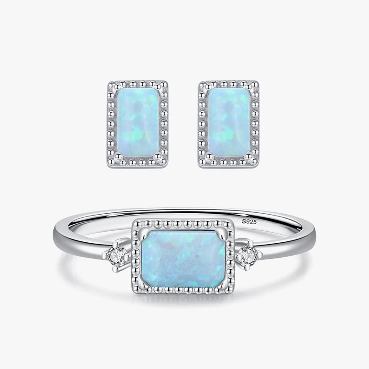 Elegant Rectangle Sterling Silver Inlay Opal Zircon Rhodium Plated Women's Rings Earrings