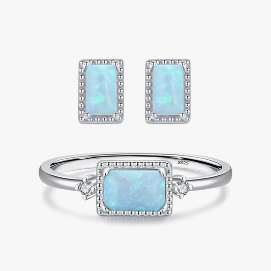 Elegant Rectangle Sterling Silver Inlay Opal Zircon Rhodium Plated Women's Rings Earrings