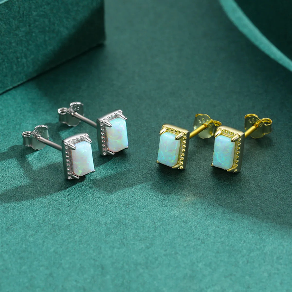 Elegant Rectangle Sterling Silver Inlay Opal Zircon Rhodium Plated Women's Rings Earrings