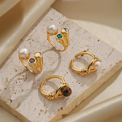 Elegant Retro Baroque Style Round Copper Plating Inlay Natural Stone Freshwater Pearl Zircon 18k Gold Plated Open Rings