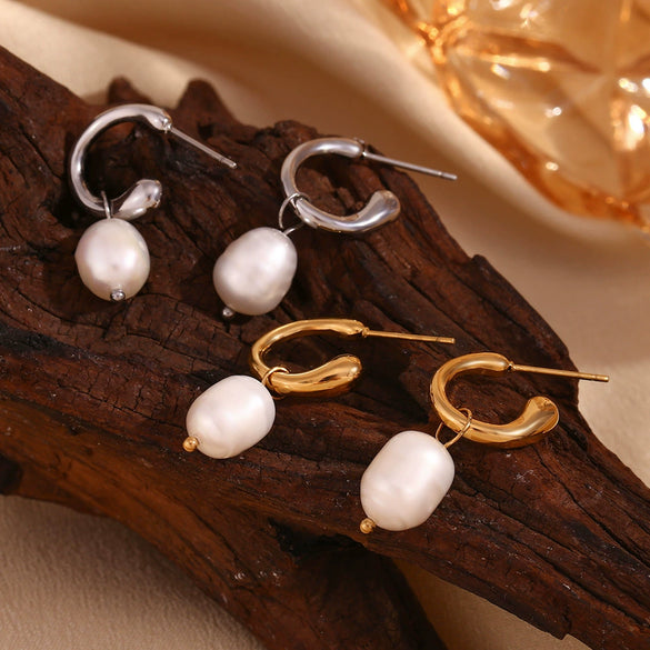 Elegant Retro Classic Women's Stainless Steel 18K Gold Plated Half Opening Ring Freshwater Pearl Earrings With Geometric Design