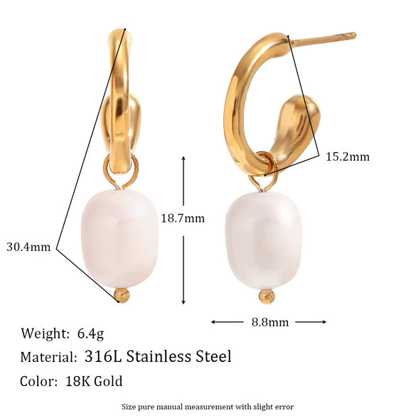 Elegant Retro Classic Women's Stainless Steel 18K Gold Plated Half Opening Ring Freshwater Pearl Earrings With Geometric Design
