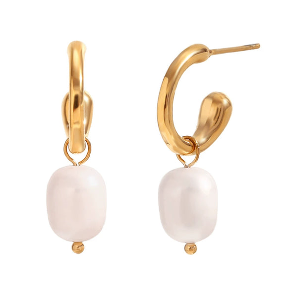 Elegant Retro Classic Women's Stainless Steel 18K Gold Plated Half Opening Ring Freshwater Pearl Earrings With Geometric Design
