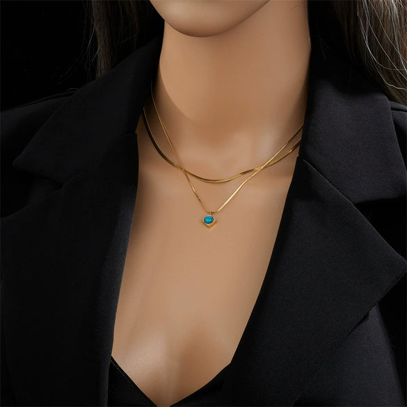 Elegant Retro Double Layer Chain Titanium Steel Square Pendant Jewelry Necklace With Geometric Pattern And Electroplating Treatment