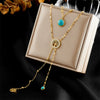 Elegant Retro Double Layer Overlapped Flower Butterfly Pine Tree Of Life Pendant Tassel Necklace In Stainless Steel With Electroplating Geometric Pattern