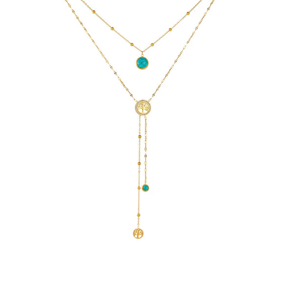 Elegant Retro Double Layer Overlapping Flower Butterfly Pine Tree Of Life Pendant Chain Tassel Necklace In Stainless Steel With Electroplating