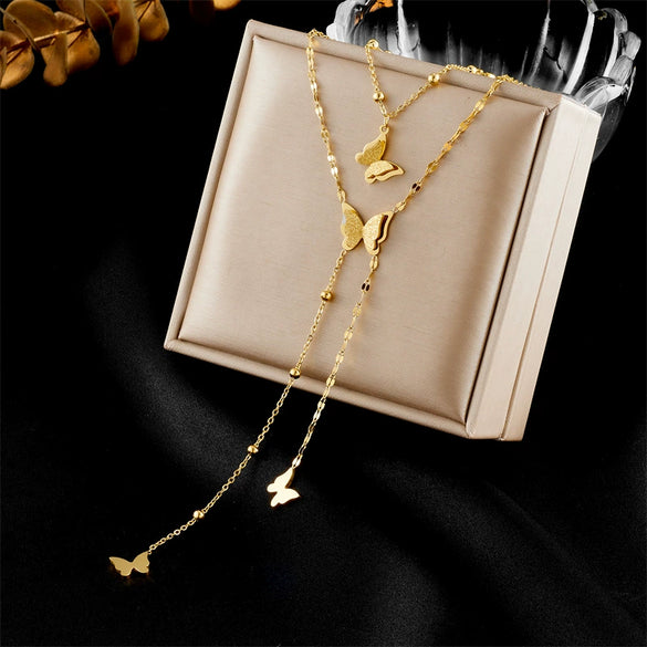 Elegant Retro Double Layer Overlapping Flower Butterfly Pine Tree Of Life Pendant Chain Tassel Necklace In Stainless Steel With Electroplating