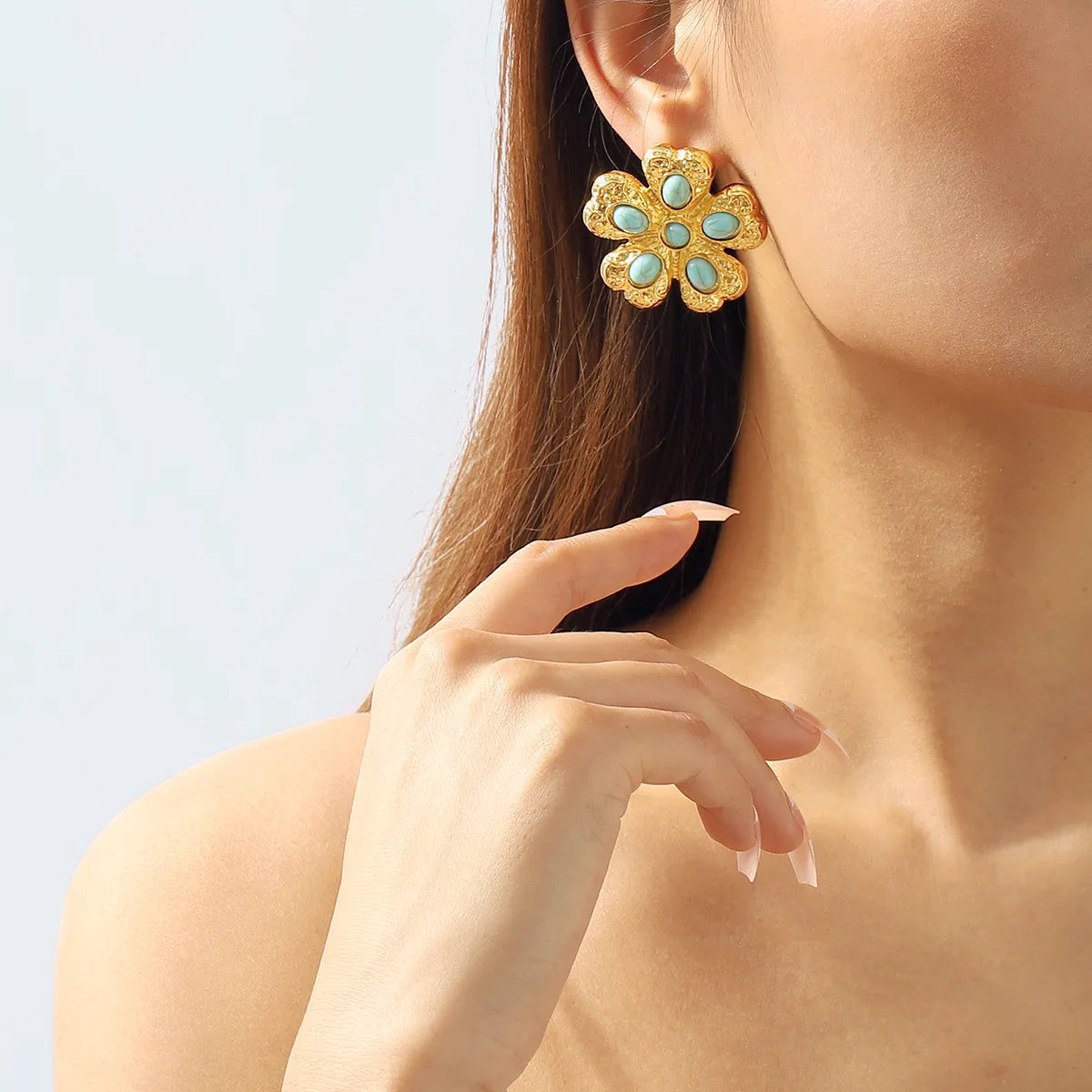 Elegant Retro Flower Alloy Turquoise Inlay Turquoise Women's Ear Studs