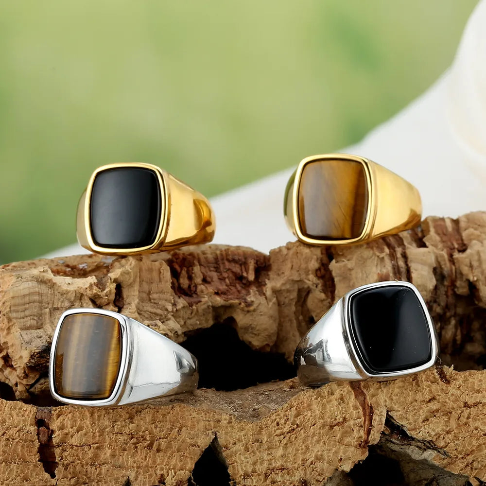 Elegant Retro Gem Square 316 Stainless Steel  Unisex Rings