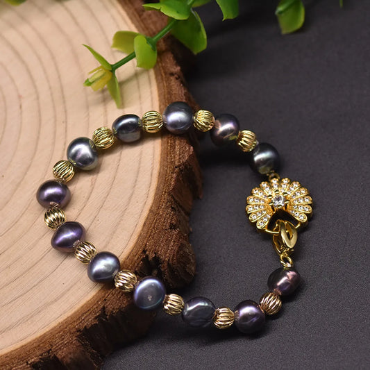 Elegant Retro Geometric Freshwater Pearl Copper Plating Inlay Zircon 18k Gold Plated Bracelets