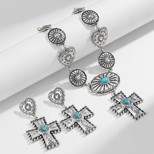 Elegant Retro Lady Cross Heart Shape Alloy Plating Inlay Turquoise Women'S Earrings Necklace