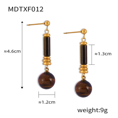 Elegant Retro Lady Round Oval Lines Tiger Eye Titanium Steel Beaded Plating Women'S Earrings Necklace