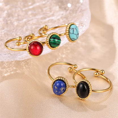 Elegant Retro Lady Round Stainless Steel Plating Inlay Natural Stone Gold Plated Open Rings