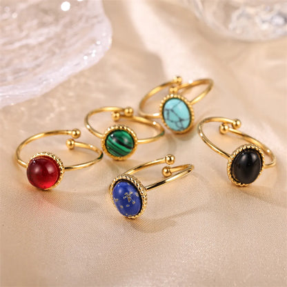 Elegant Retro Lady Round Stainless Steel Plating Inlay Natural Stone Gold Plated Open Rings