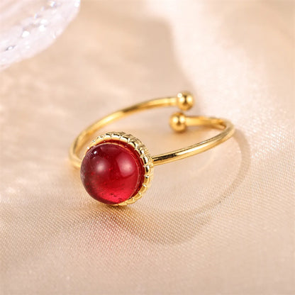 Elegant Retro Lady Round Stainless Steel Plating Inlay Natural Stone Gold Plated Open Rings