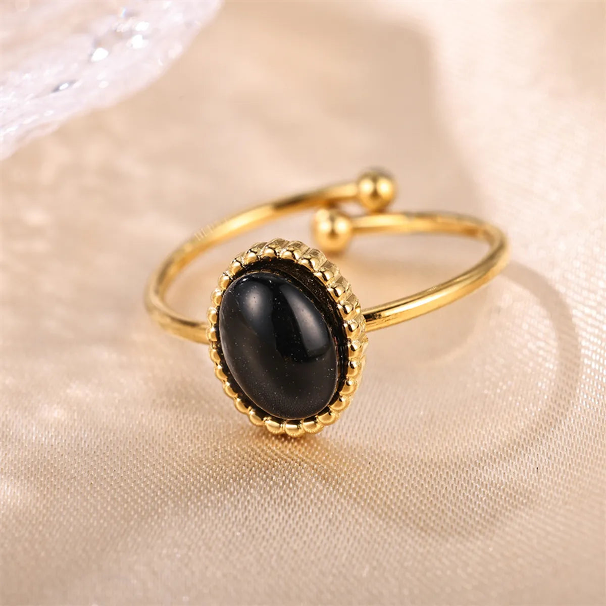 Elegant Retro Lady Round Stainless Steel Plating Inlay Natural Stone Gold Plated Open Rings