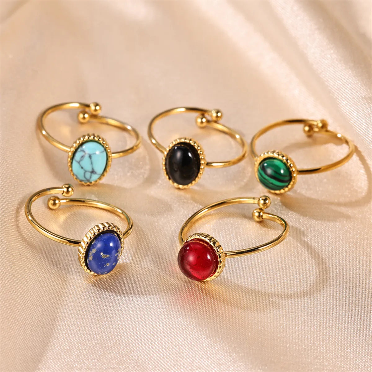 Elegant Retro Lady Round Stainless Steel Plating Inlay Natural Stone Gold Plated Open Rings