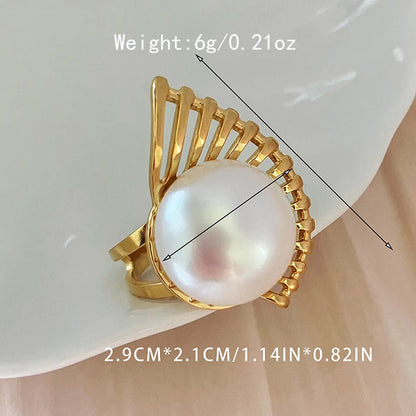 Elegant Retro Luxurious Sector Stainless Steel Plating Inlay Pearl Gold Plated Open Rings