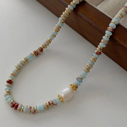 Elegant Retro Printing Beaded Natural Stone Freshwater Pearl Necklace In Bulk