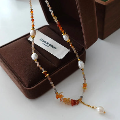 Elegant Retro Printing Beaded Natural Stone Freshwater Pearl Necklace In Bulk