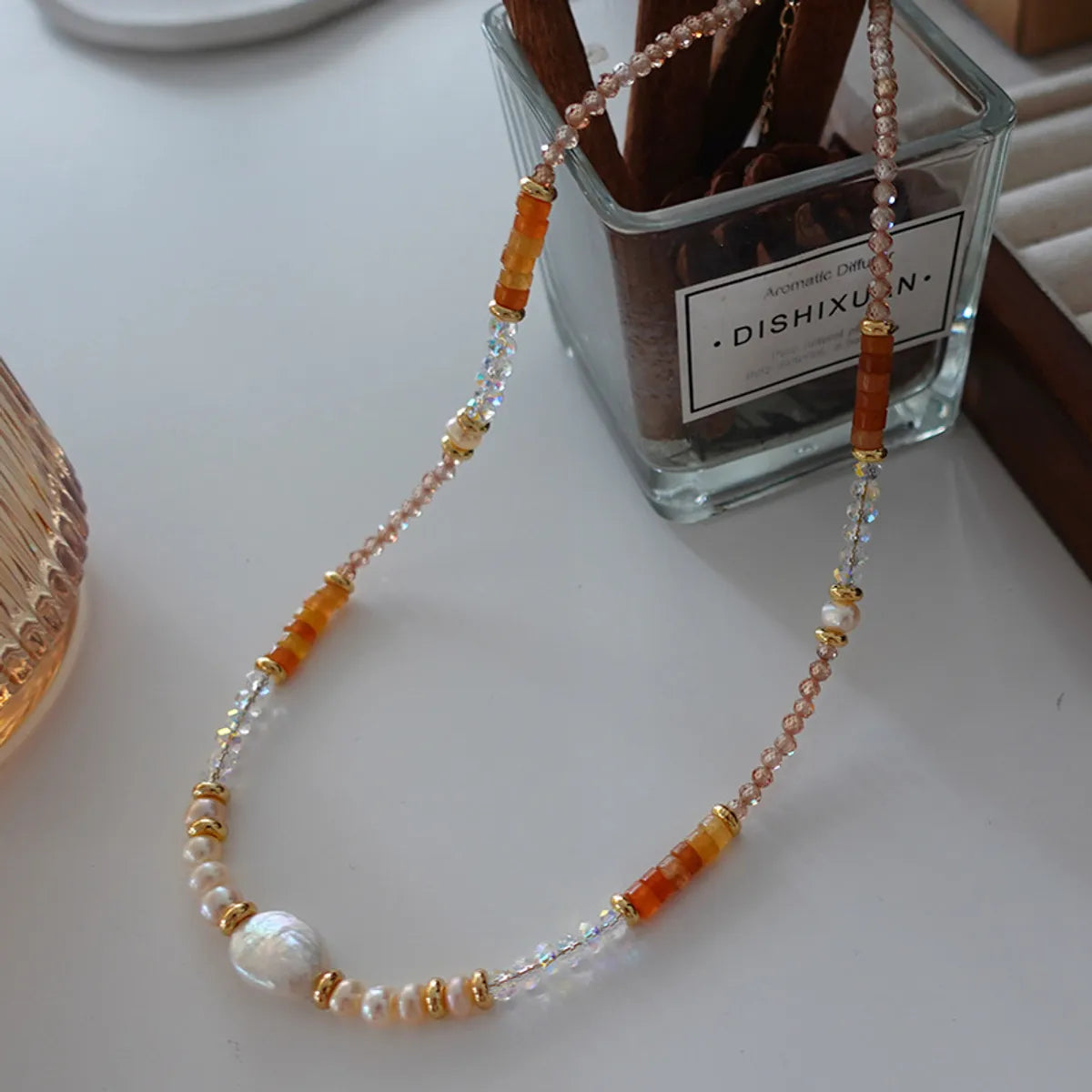 Elegant Retro Printing Beaded Natural Stone Freshwater Pearl Necklace In Bulk