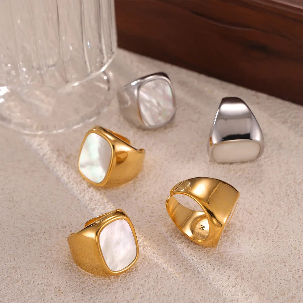 Elegant Retro Quadrilateral 304 Stainless Steel Shell Plating Inlay Shell 18K Gold Plated Men'S Open Rings